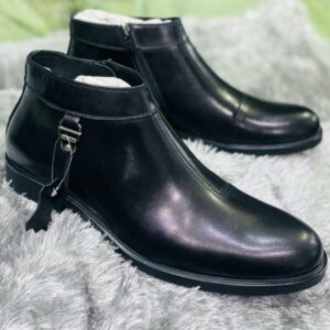 Buckle Leather Boot -Black