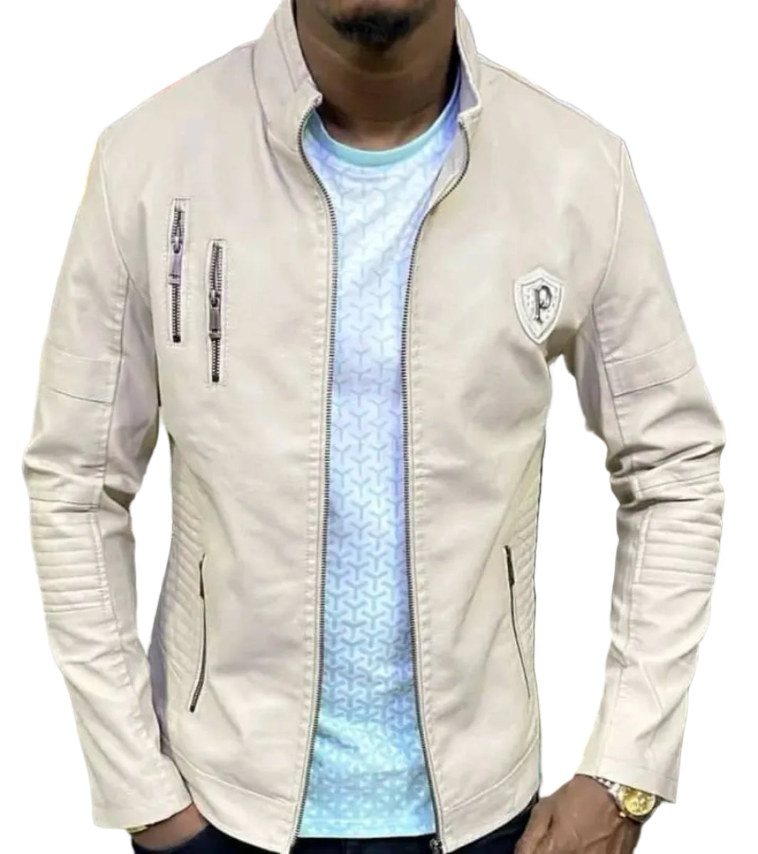 Leather Jacket With woolen Interior - Cream