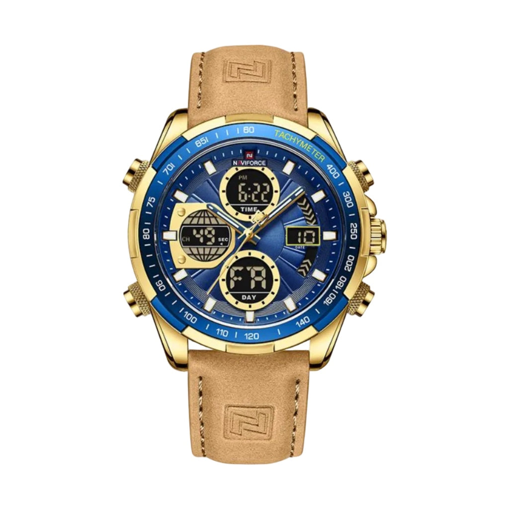 Stylish Leather Strap Naviforce Watch - Gold