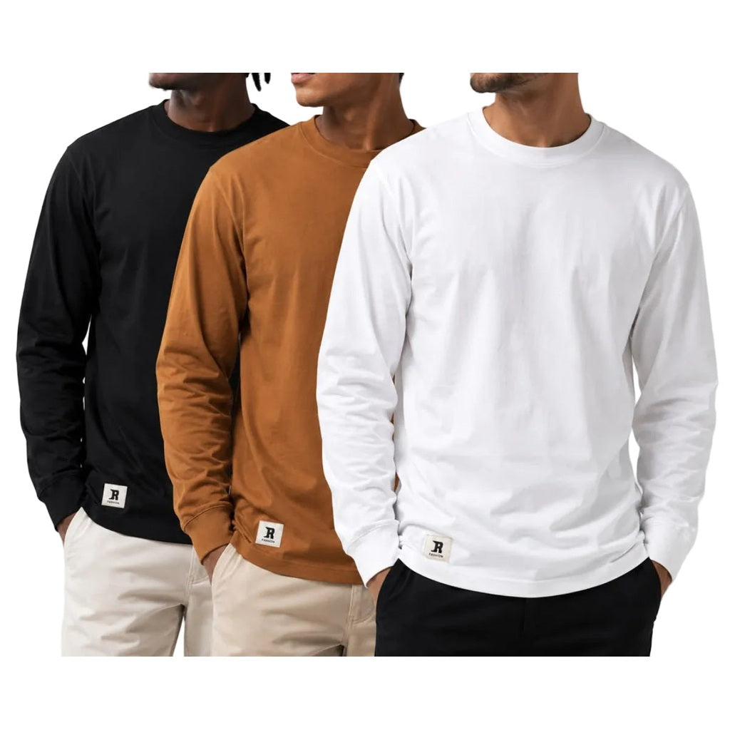 Long-Sleeve Crewneck TShirts - Black, Brown & white