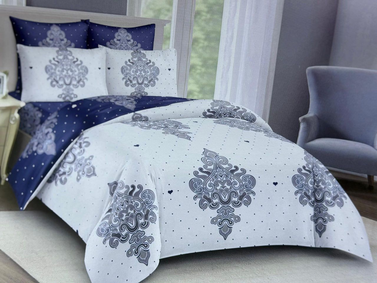 4Pcs Cotton Duvet Blue & White