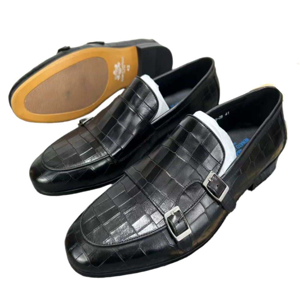 Double Buckle Leather Shoes-Black