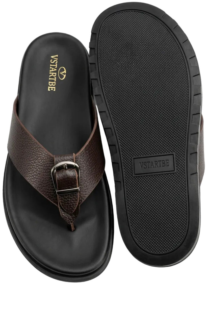 Durable Buckled  Toe-Post Leather Flip-Flop Sandal-Dark Brown