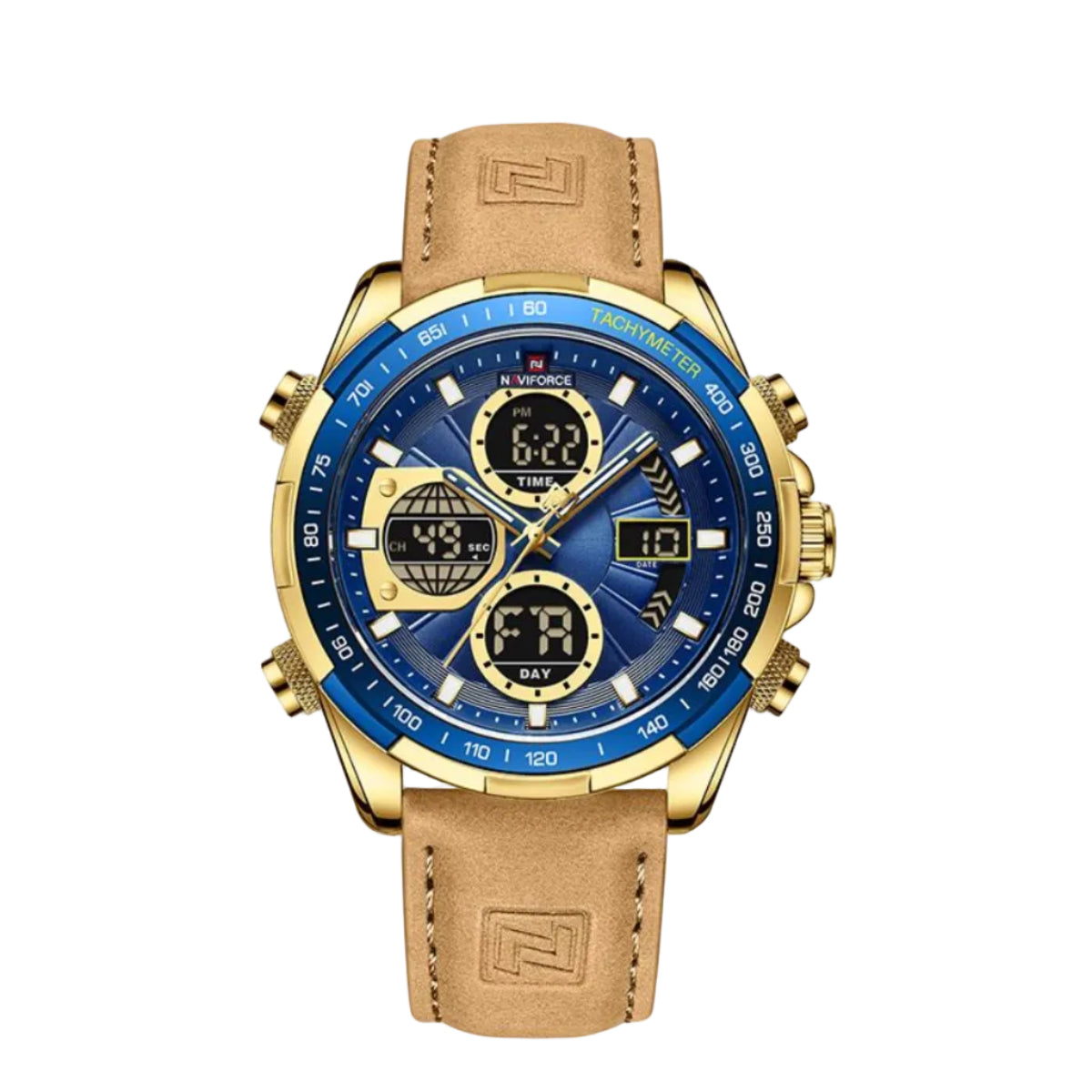 Stylish Leather Strap Naviforce Watch - Gold