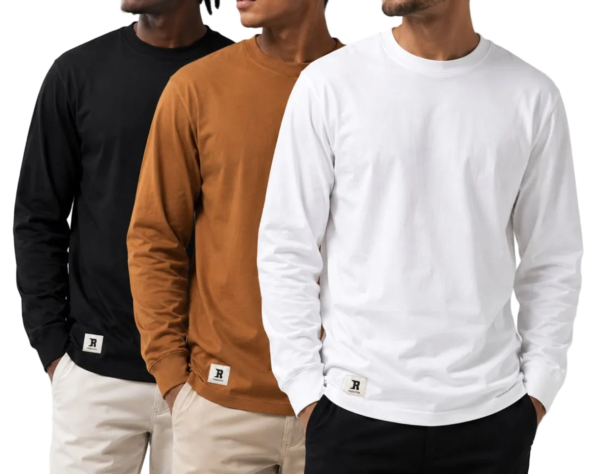 Long-Sleeve Crewneck TShirts - Black, Brown & white