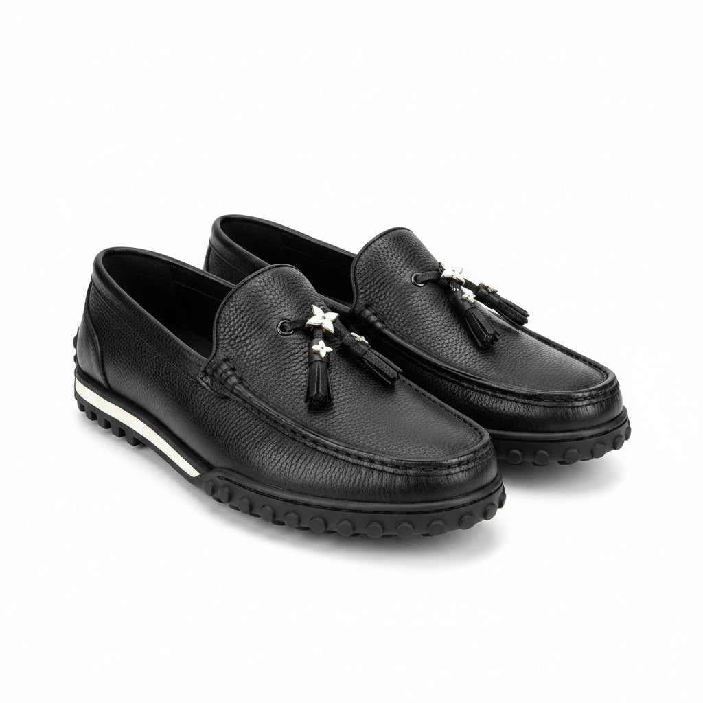 Black Pebbled Leather Loafer Shoes - Black
