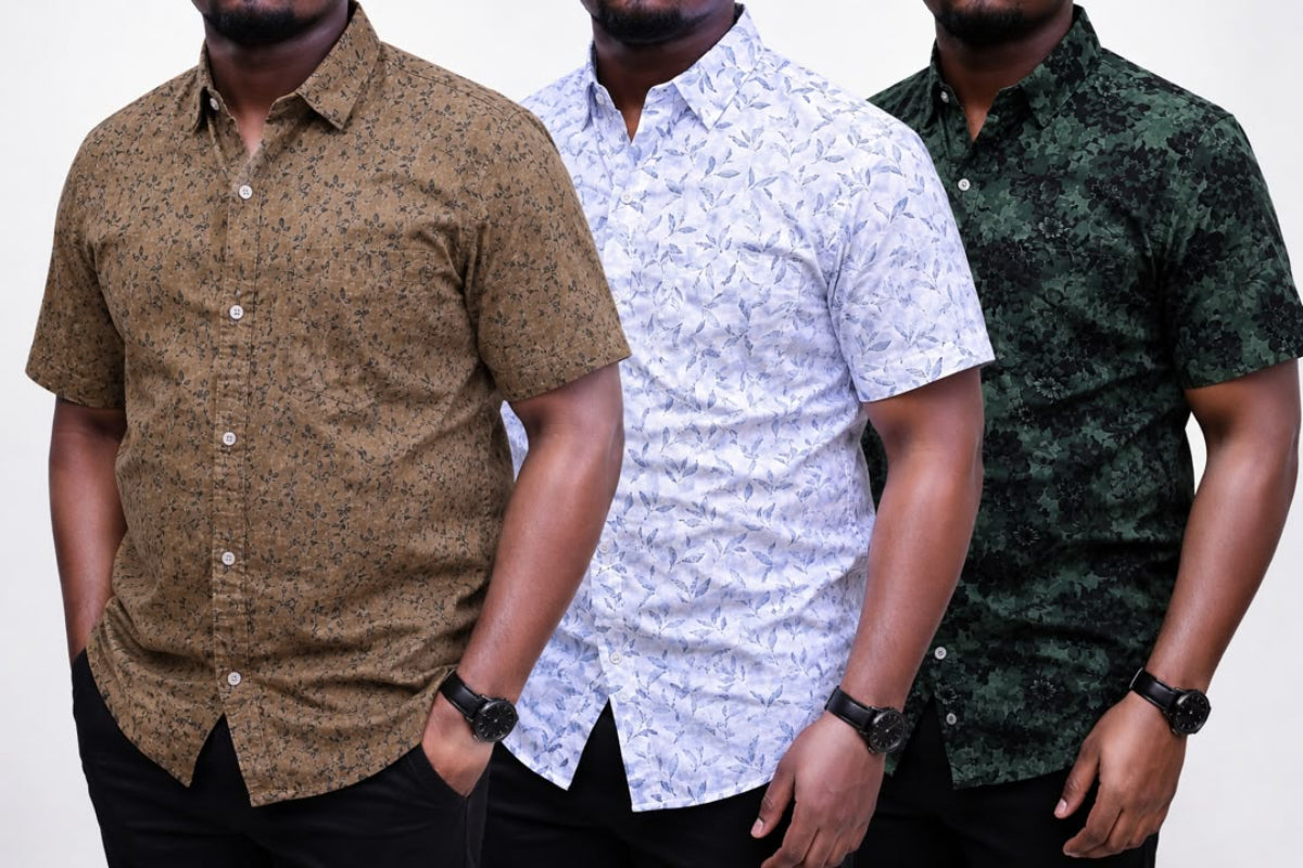 Multicolor Quality Floral Shortsleeve Shirts - Brown,White & Green
