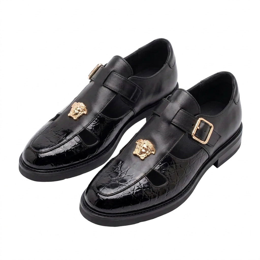 Quality Scaled Ventilated Buckle Leather Shoes-Black