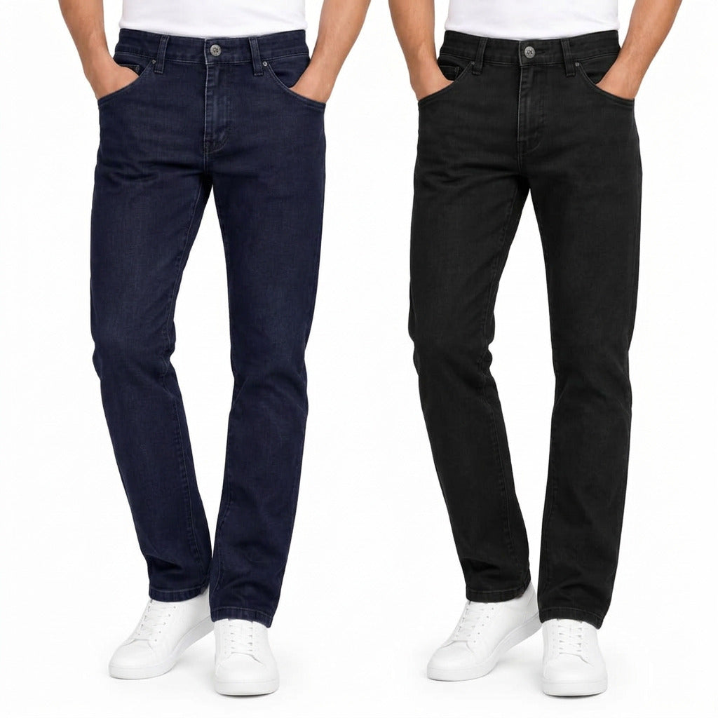 2 Piece Men's Classic Break Rule Quality Jeans-Navy Blue & Black