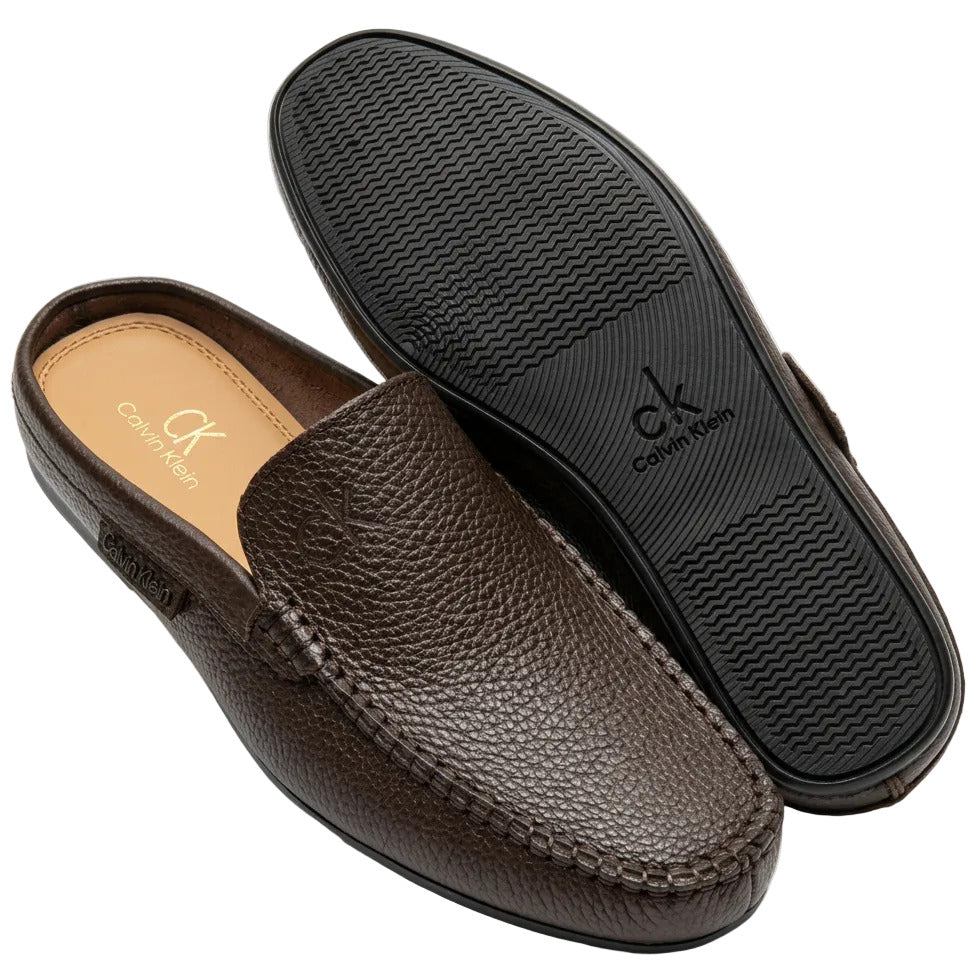 Quality Calvin Klein Textured Leather Backless Mule Loafer-Dark Brown