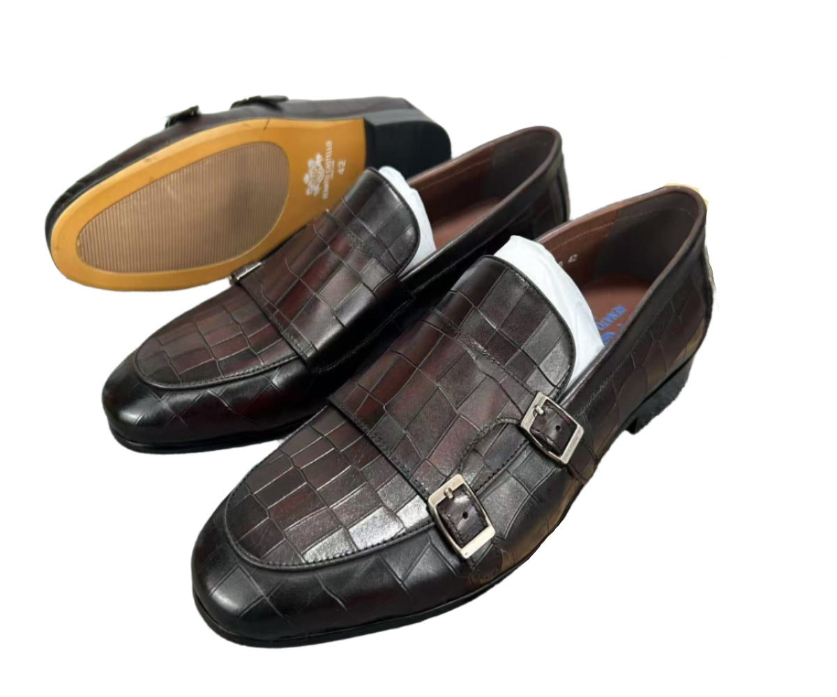 Double Buckle Leather Shoes-Brown