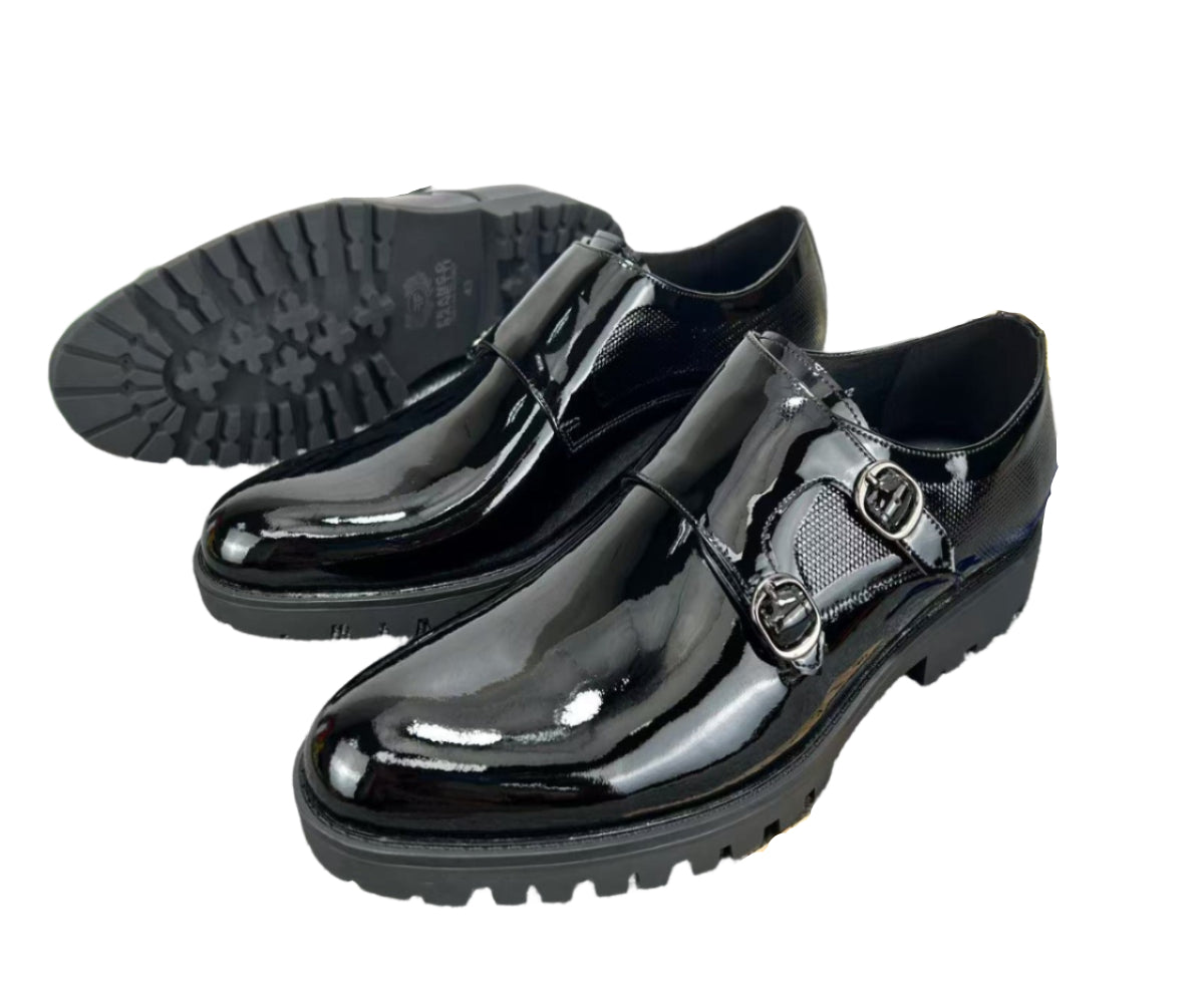 Double Buckle Shiny Shoes-Black